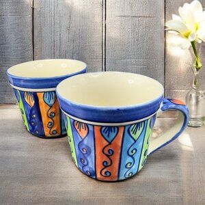 Pier 1 Large Coffee Mug Cup Set 2 Mexican Style Glaze Multicolor Cups Mugs Set